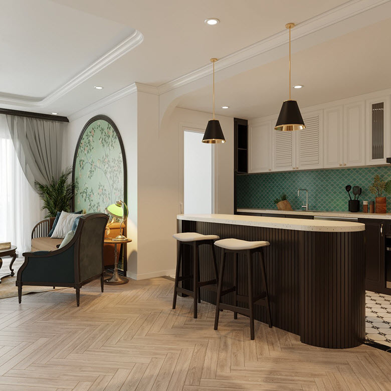 Bếp với bàn đảo kiêm quầy bar nhỏ xinh Đảo bếp kiêm bar nhỏ xinh, có thể làm bàn ăn sáng tiện dụng. Đồng thời, bàn đảo cũng như vách ngăn tượng trưng giữa bếp và phòng khách.