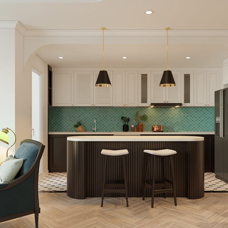 Gian bếp là sự kết hợp giữa nét hiện đại tối giản và Indochine sang trọng. Gian bếp là sự kết hợp giữa nét hiện đại tối giản và Indochine sang trọng.