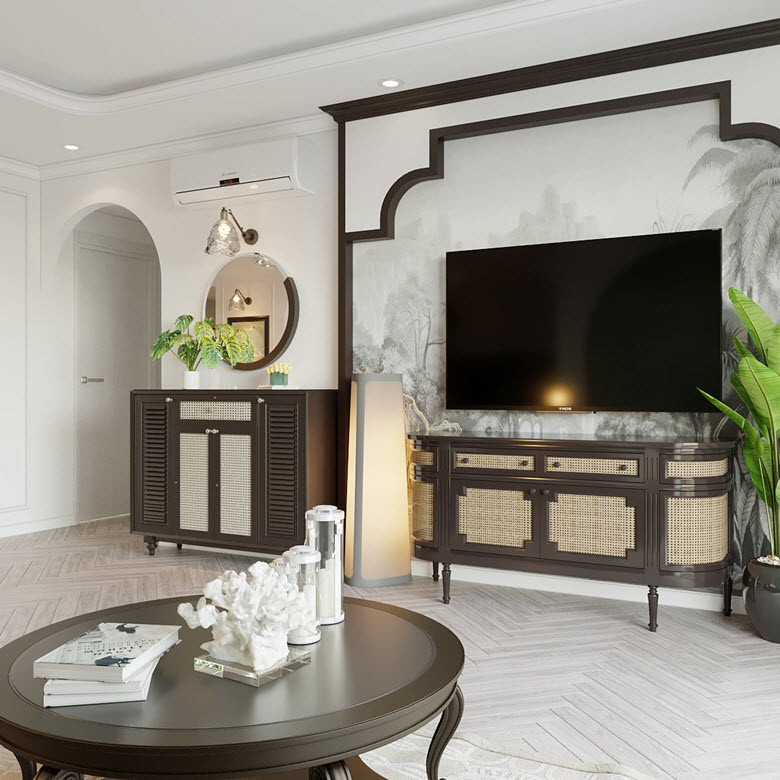 Không gian nội thất phong cách Đông Dương Lối lưu thông trong căn hộ thông thoáng và mềm mại với sự hiện diện của những khung vòm đặc trưng của phong cách Đông Dương.