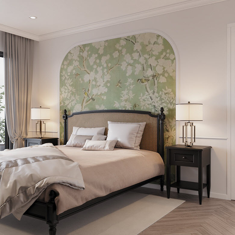 Bức tranh tường màu xanh bạc hà họa tiết mùa xuân đầu giường là điểm nhấn ấn tượng cho không gian phòng ngủ master. Căn phòng vì thế trở nên hấp dẫn hơn rất nhiều. Bức tranh tường màu xanh bạc hà họa tiết mùa xuân đầu giường là điểm nhấn ấn tượng cho không gian phòng ngủ master. Căn phòng vì thế trở nên hấp dẫn hơn rất nhiều.