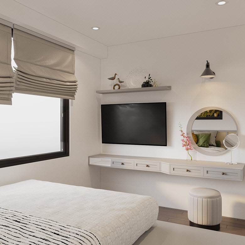 Tủ kệ tivi và bàn phấn thiết kế gọn xinh, tối giản.