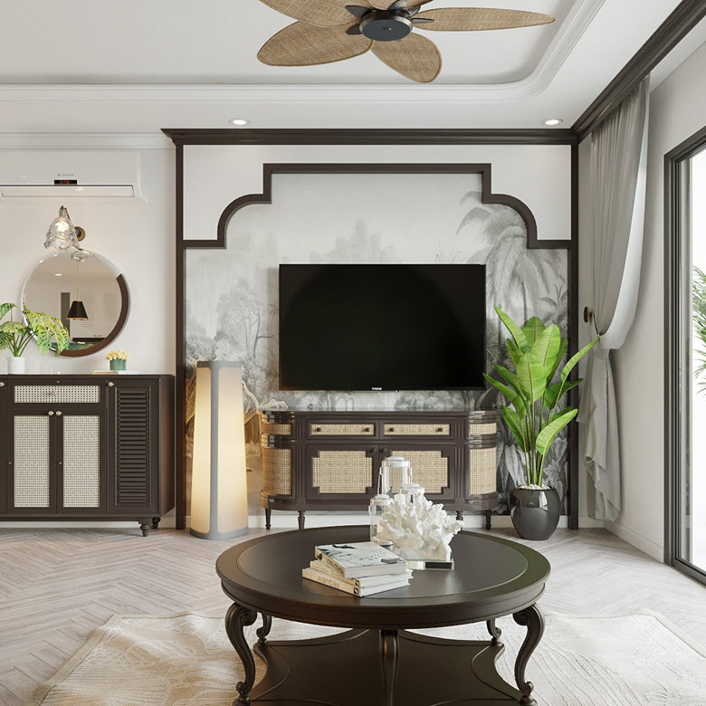 Nội thất phong cách Đông Dương ấn tượng Góc phòng khách mang đậm phong cách Indochine với nội thất màu đen sang trọng. Tuy nhiên, các đường nét thiết kế rất thanh thoát.