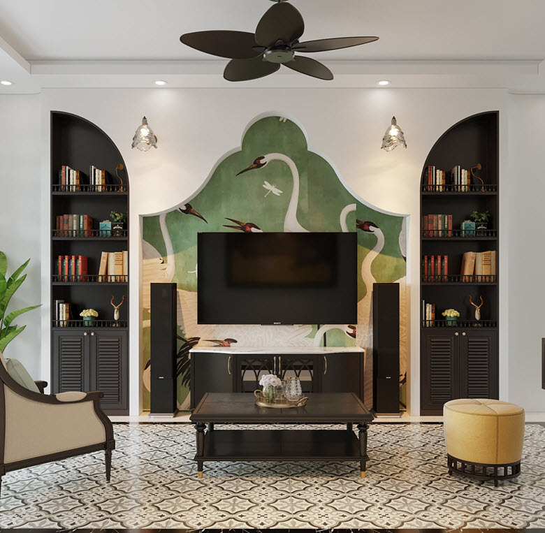 Bức tường phía sau tủ kệ tiv được decor cực kỳ hút mắt với hình ảnh hạc trắng trên nền xanh lá cây nhẹ nhàng. Bức tường phía sau tủ kệ tiv được decor cực kỳ hút mắt với hình ảnh hạc trắng trên nền xanh lá cây nhẹ nhàng.