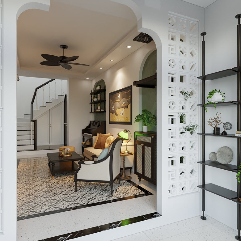 Thay vì tường đặc bí bức, kiến trúc sư lựa chọn tường gạch hoa gió thông thoáng, đón được ánh sáng tự nhiên tối đa.