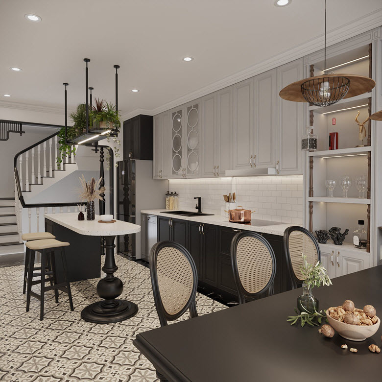 Bàn đảo kiêm bar mini gọn xinh trong phòng bếp nhà phố 35m2. 