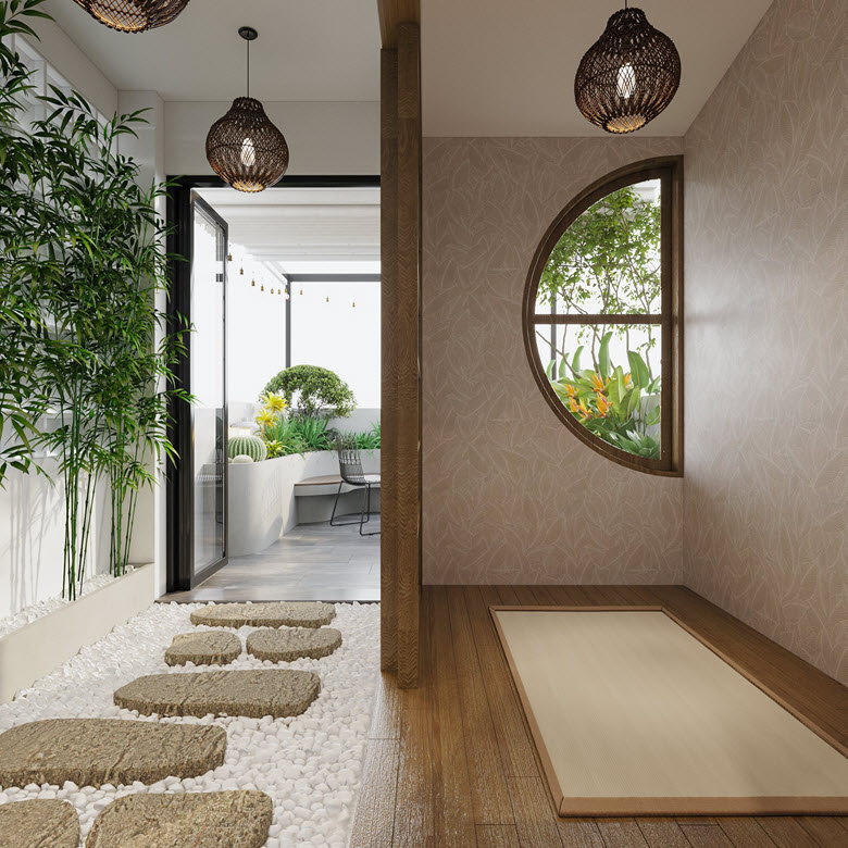 Lối dẫn ra không gian thư giãn ngoài trời của tầng thượng nhà phố Lối đi lát đá, chiếu tatami dẫn ra khu vực thư giãn ngoài trời trên tầng thượng nhà phố
