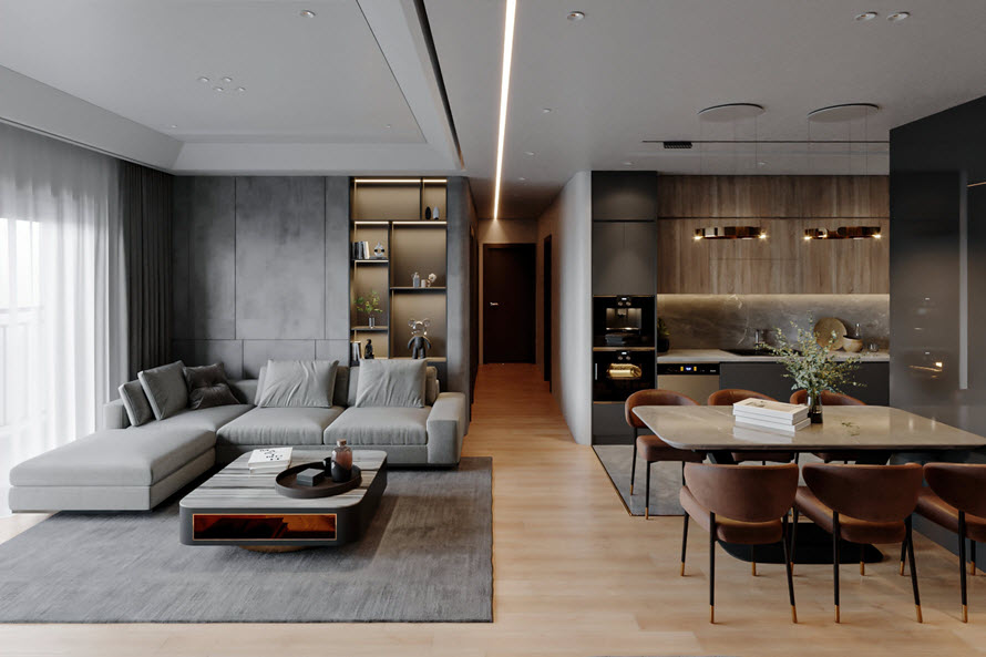 Trong căn hộ 80m2, bếp v&agrave; ph&ograve;ng kh&aacute;ch nằm li&ecirc;n th&ocirc;ng v&agrave; song song nhau, ph&acirc;n t&aacute;ch nhẹ nh&agrave;ng bởi thảm trải s&agrave;n, đồ nội thất.
