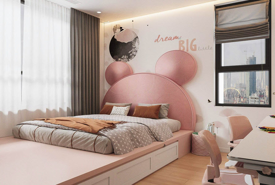 Ph&ograve;ng ngủ xinh y&ecirc;u d&agrave;nh cho c&ocirc; con g&aacute;i. Thiết kế nội thất với h&igrave;nh khối, bảng m&agrave;u ph&ugrave; hợp với độ tuổi của trẻ.