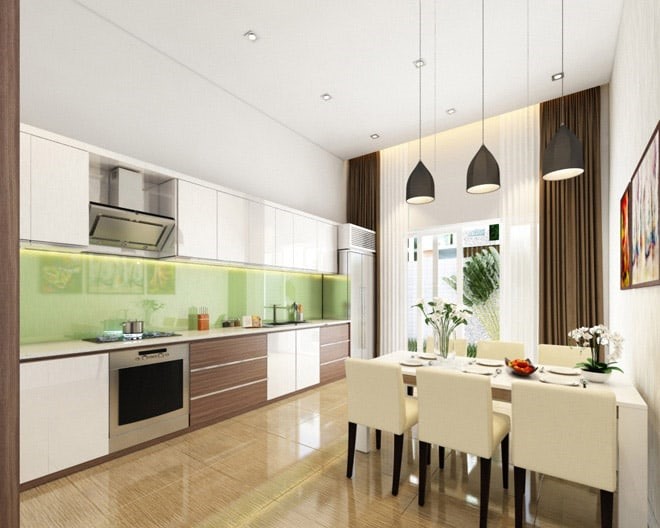 Phòng bếp và phòng ăn thoáng sáng Bếp và phòng ăn đón được ánh sáng tự nhiên ngập tràn, với cửa mở ra khu vực sau nhà, căn phòng luôn thông thoáng, không bị bám mùi thức ăn, dầu mỡ.