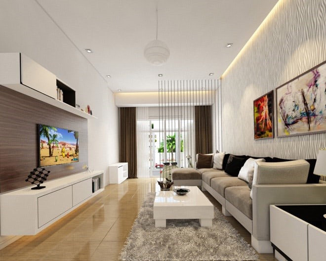 Phòng khách nhà ống hiện đại Phòng khách nhà ống 3 tầng phong cách hiện đại được thiết kế theo lối tối giản, chỉ sử dụng những món đồ thiết yếu nhất nhằm tạo độ thoáng cho căn phòng.