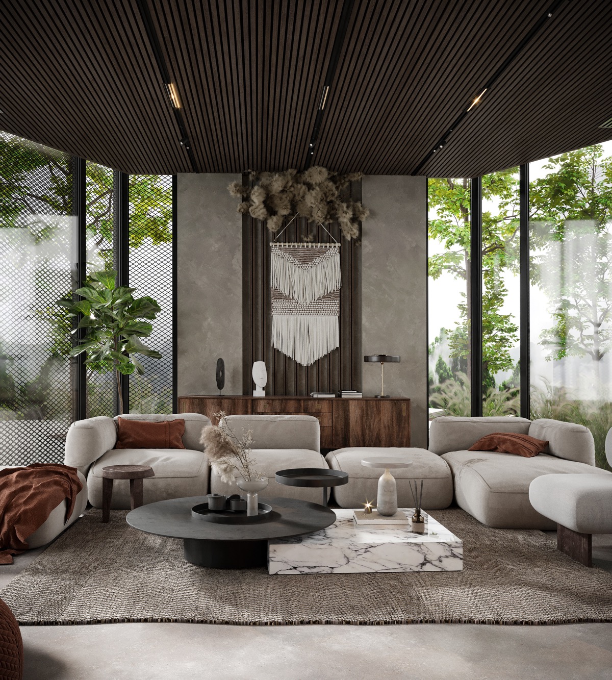Trong ph&ograve;ng kh&aacute;ch phong c&aacute;ch Boho hiện đại n&agrave;y, một b&agrave;n c&agrave; ph&ecirc; bằng đ&aacute; cẩm thạch trắng l&agrave;m l&agrave;m nền cho b&agrave;n tr&ograve;n m&agrave;u đen tr&ograve;n v&agrave; một b&agrave;n phụ nhỏ hơn để tạo điểm nhấn đương đại cực h&uacute;t mắt.