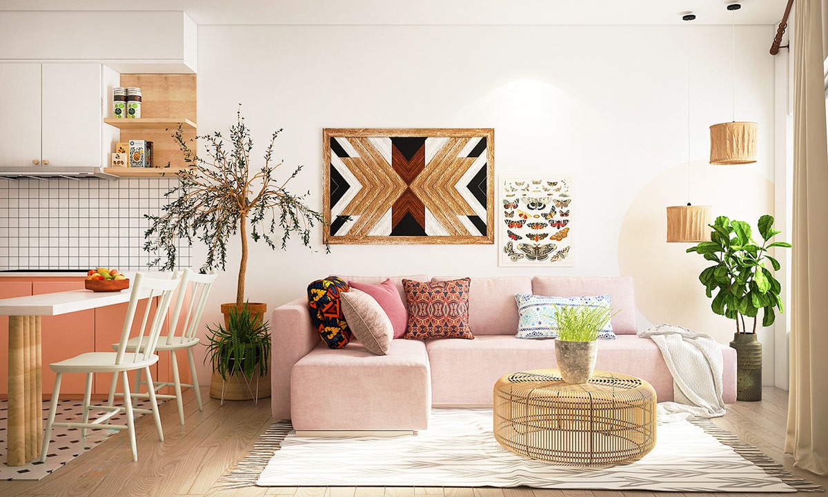 B&agrave;n c&agrave; ph&ecirc; s&agrave;nh điệu v&agrave; ghế sofa m&agrave;u hồng pastel mang lại c&aacute;i nh&igrave;n mới lại cho ph&ograve;ng kh&aacute;ch phong c&aacute;ch Boho hiện đại.