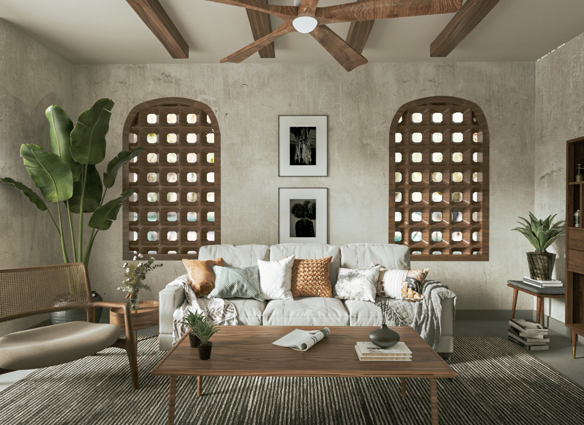 Khi đ&atilde; c&oacute; một ti&ecirc;u điểm kiến ​​tr&uacute;c mạnh mẽ, trang tr&iacute; Boho trung t&iacute;nh tạo n&ecirc;n một phần đệm nhẹ nh&agrave;ng, h&agrave;i h&ograve;a với tổng thể kh&ocirc;ng gian.