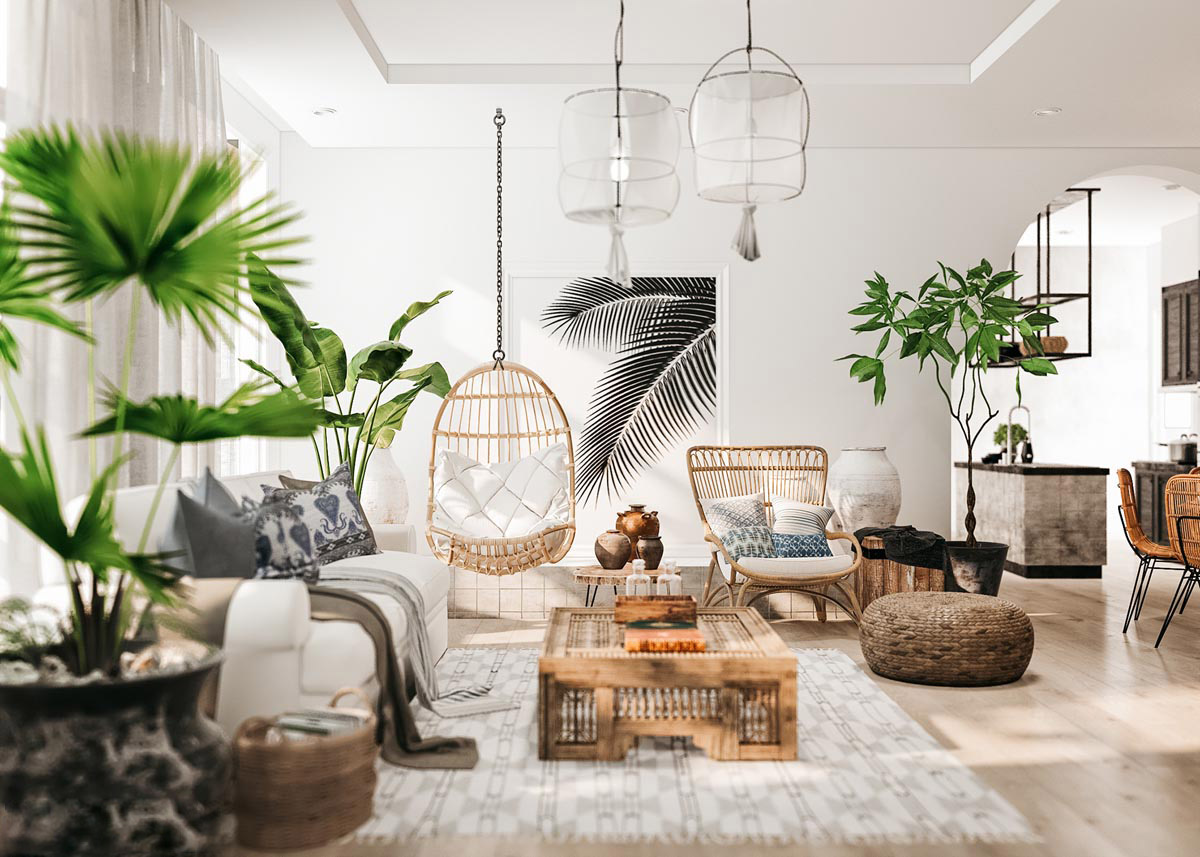 Ph&ograve;ng kh&aacute;ch đậm chất Boho với ti&ecirc;u điểm l&agrave; chiếc ghế treo thư gi&atilde;n độc đ&aacute;o. C&acirc;y xanh gi&uacute;p thanh lọc kh&ocirc;ng kh&iacute; v&agrave; tạo cảm gi&aacute;c m&aacute;t mẻ, thư gi&atilde;n.