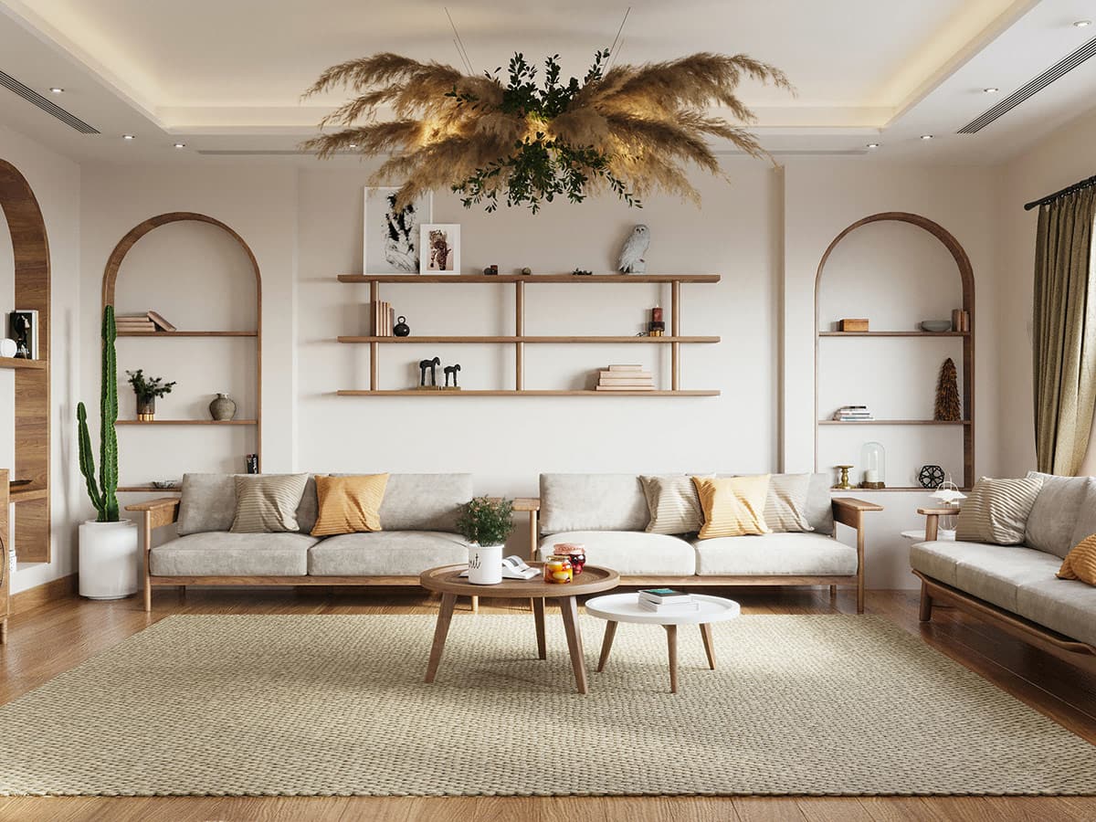 Chiếc đ&egrave;n ch&ugrave;m bắt mắt l&agrave; điểm nhấn của ph&ograve;ng kh&aacute;ch Boho n&agrave;y. Lối b&agrave;i tr&iacute; đối xứng h&agrave;i h&ograve;a được tận dụng triệt để.