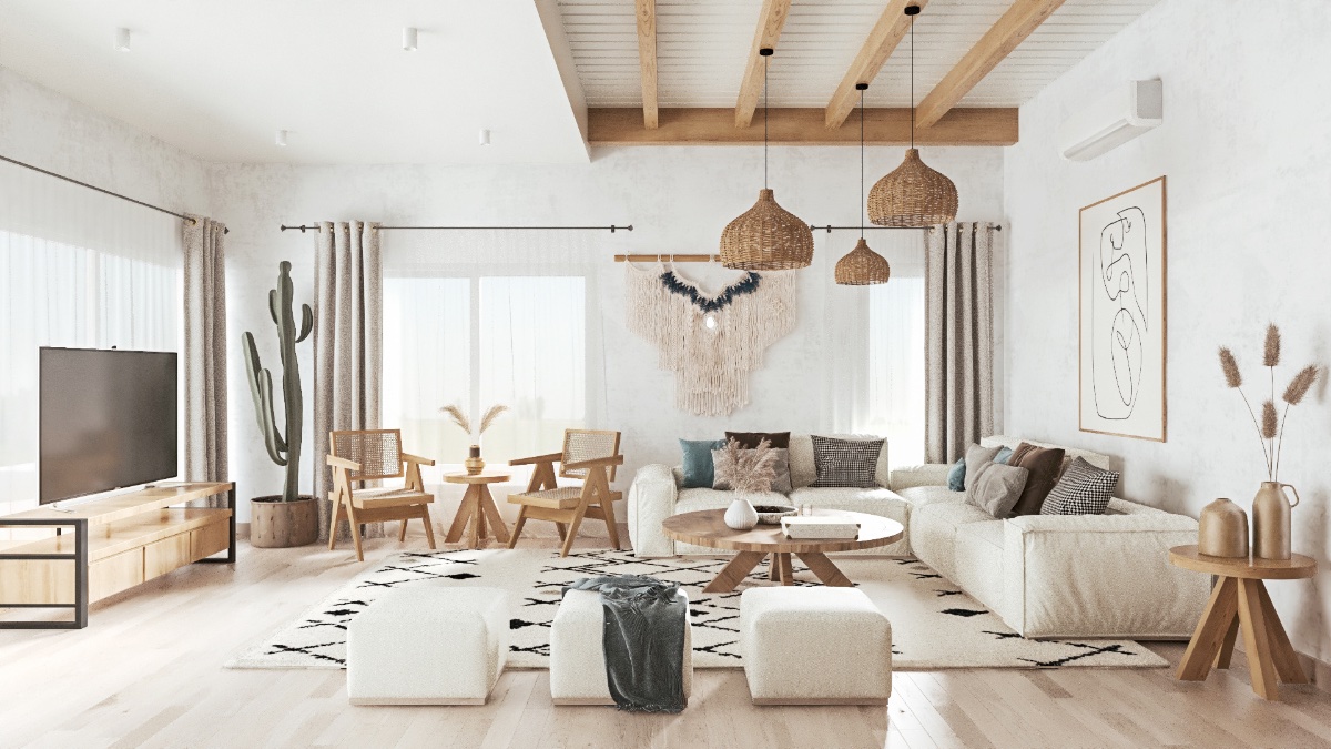 Bộ đ&egrave;n thả k&iacute;ch thước kh&aacute;c nhau, phần chụp l&agrave;m bằng m&acirc;y tre đan mộc mạc kết hợp c&ugrave;ng c&aacute;c dầm lộ thi&ecirc;n định h&igrave;nh phong c&aacute;ch Boho.