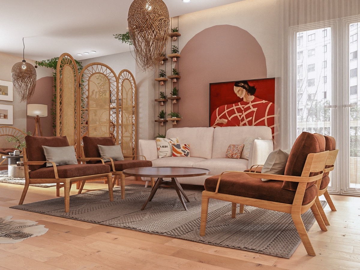 Trong ph&ograve;ng kh&aacute;ch Boho t&ocirc;ng m&agrave;u ấm &aacute;p n&agrave;y, sơn tường m&agrave;u vỏ đỗ tạo sự kết nối với kh&ocirc;ng gian chức năng ph&iacute;a trong.