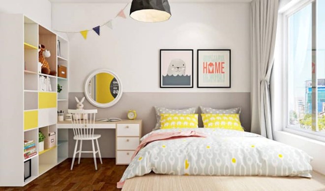 Phòng ngủ tươi vui, gọn đẹp dành cho con gái Mẫu thiết kế phòng ngủ cho con gái với những điểm nhấn màu vàng chanh tươi vui trên ga gối, tủ lệ lưu trữ.