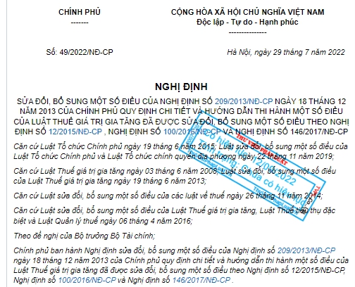 Ảnh chụp Nghị định 49/2022/NĐ-CP sửa đổi Nghị định hướng dẫn Luật Thuế GTGT trên website ThuVienPhapLuat.vn