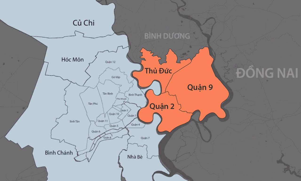 hình ảnh TP. Thủ Đức nằm ở rìa phía Đông của TP.HCM trên bản đồ