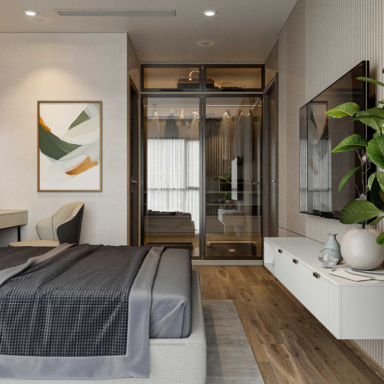 Tủ quần &aacute;o cửa k&iacute;nh trong suốt c&agrave;ng tăng th&ecirc;m n&eacute;t sang trọng, hiện đại cho ph&ograve;ng ngủ. Cửa k&iacute;nh cũng gi&uacute;p căn ph&ograve;ng tho&aacute;ng rộng hơn về mặt thị gi&aacute;c.