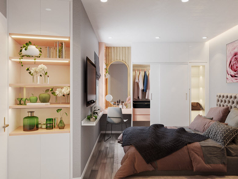 Các ngăn kệ lưu trữ, bày đồ trang trí được thiết kế vô cùng khéo léo nhằm tăng độ mềm mại, nhẹ nhàng cho tổng thể không gian.