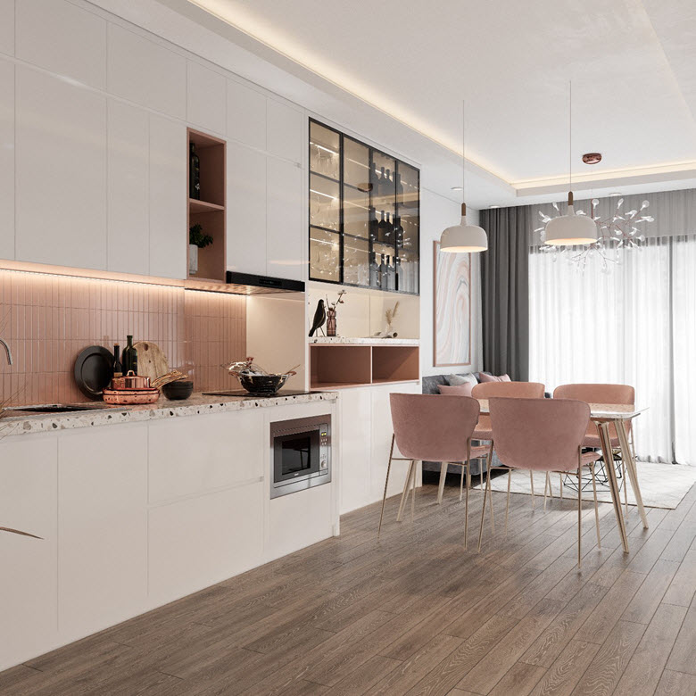 Bộ ghế ăn tông màu hồng pastel xinh yêu cùng tông với gạch ốp tường chắn bếp tạo sự gắn kết hài hòa giữa các khu vực chức năng.