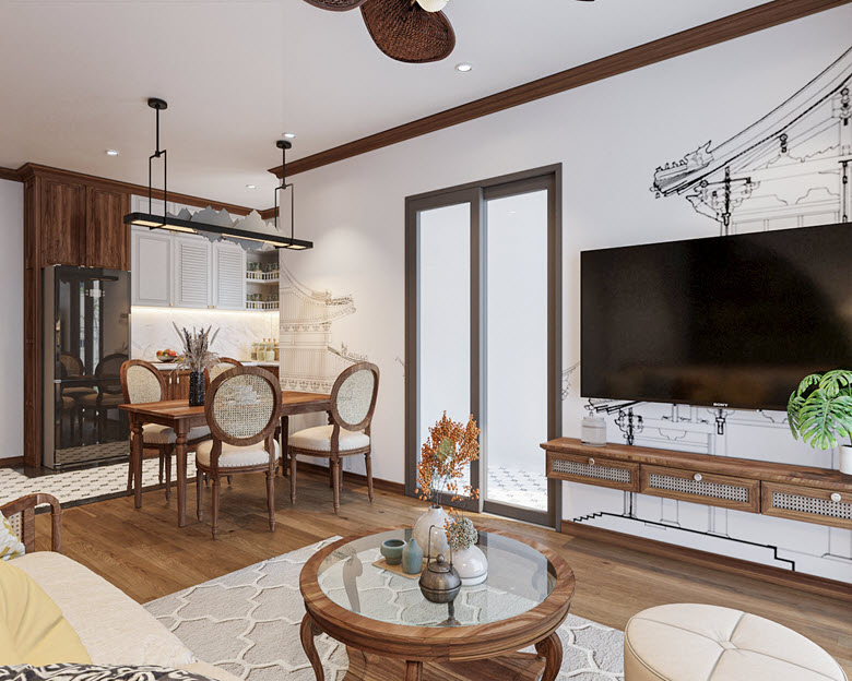 Đồ nội thất ch&iacute;nh trong căn hộ Indochine chủ yếu được l&agrave;m bằng gỗ tự nhi&ecirc;n v&agrave; gồ MDF với kiểu d&aacute;ng c&aacute;ch t&acirc;n nhẹ nh&agrave;ng, phần ch&acirc;n kh&aacute; cao tạo độ th&ocirc;ng tho&aacute;ng cho kh&ocirc;ng gian.