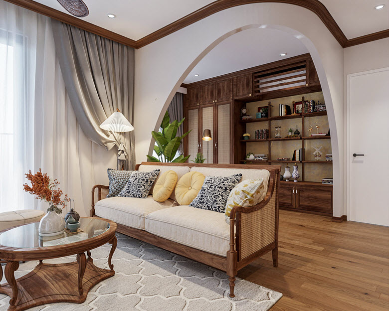 Ph&ograve;ng kh&aacute;ch với sofa gỗ l&oacute;t đệm, gối tựa m&agrave;u v&agrave;ng tạo điểm nhấn