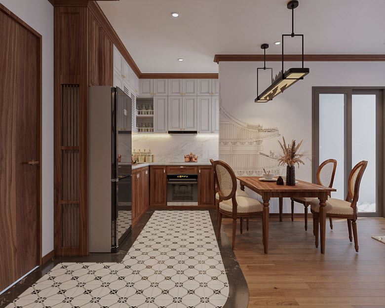 Tranh tường v&agrave; đ&egrave;n thả độc đ&aacute;o định vị kh&ocirc;ng gian ăn uống một c&aacute;ch tinh tế. Nh&igrave;n từ mọi g&oacute;c, căn hộ nhỏ 60m2 vẫn rất th&ocirc;ng tho&aacute;ng.