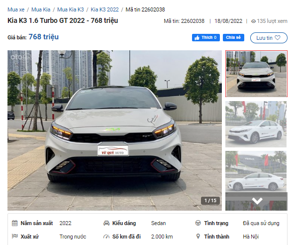 Chiếc xe KIA K3 GT cũ đầu tiên lên sàn với giá chào bán 768 triệu đồng. 1