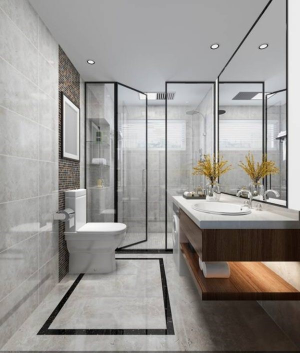 Ph&ograve;ng tắm - vệ sinh trong biệt thự nh&agrave; vườn 1 tầng m&aacute;i Th&aacute;i đủ đầy tiện nghi hiện đại. Khu tắm ph&acirc;n t&aacute;ch bởi v&aacute;ch k&iacute;nh trong suốt mang lại vẻ hiện đại, sang trọng.