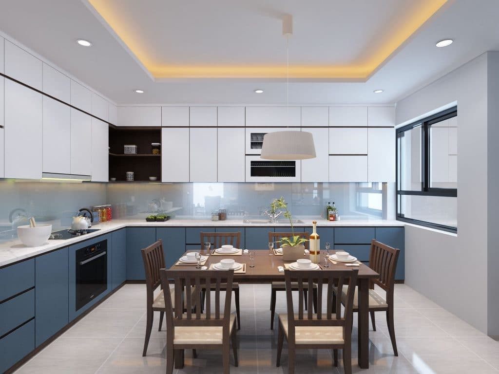 Kh&ocirc;ng gian bếp v&agrave; ph&ograve;ng ăn tho&aacute;ng rộng, được b&agrave;i tr&iacute; với bảng m&agrave;u trắng - xanh dương nhẹ nh&agrave;ng, trẻ trung.