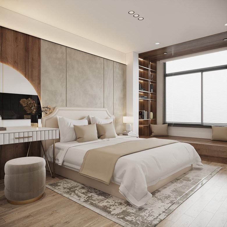 Kiến trúc sư tích hợp ghế ngồi bên cửa sổ làm nơi đọc sách, thư giãn. Giá kệ âm tường vừa là nơi lưu trữ, vừa là điểm nhấn màu gỗ ấm áp.
