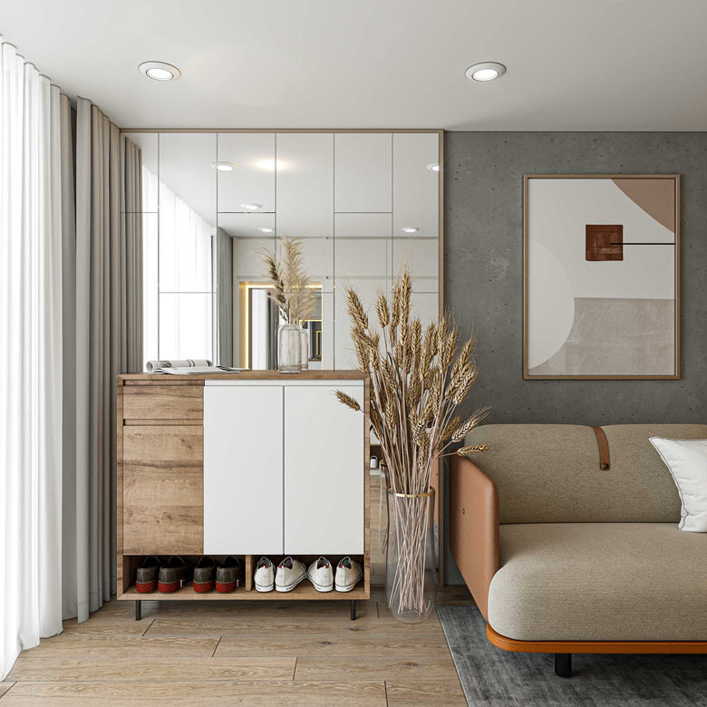 h&igrave;nh ảnh tủ gi&agrave;y cạnh ghế sofa trong ph&ograve;ng kh&aacute;ch nh&agrave; phố 5 tầng