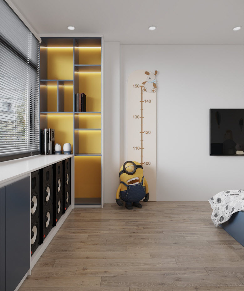 g&oacute;c ph&ograve;ng ngủ của trẻ với gi&aacute; kệ liền tường, minion trang tr&iacute;