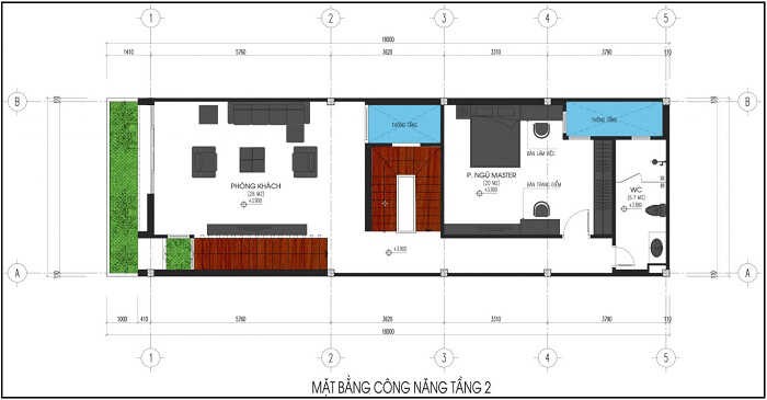 Mặt bằng c&ocirc;ng năng tầng 2 nh&agrave; phố 3 tầng