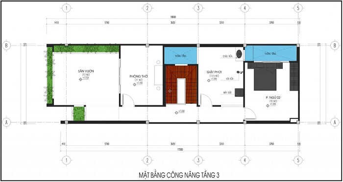 Mặt bằng c&ocirc;ng năng tầng 3 nh&agrave; phố 3 tầng