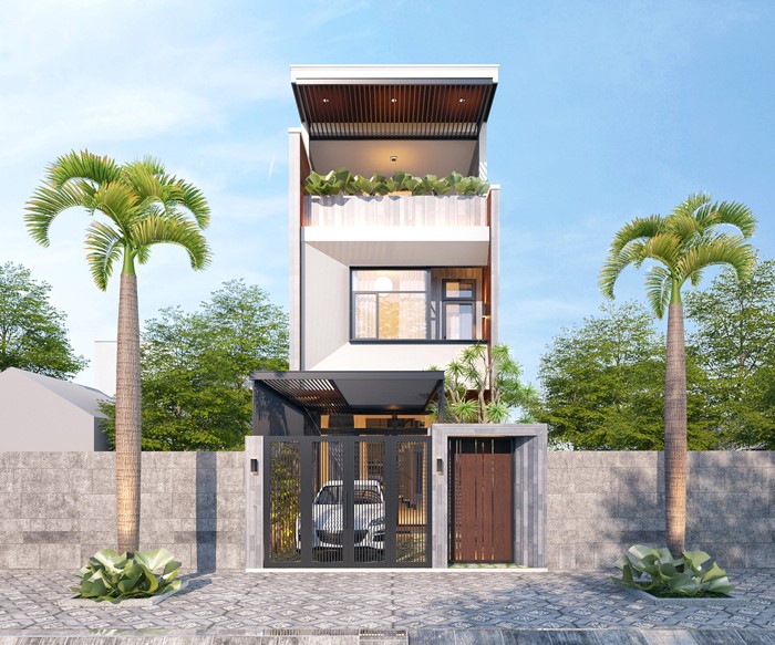 Phối cảnh 3D mẫu nh&agrave; phố đẹp 3 tầng phong c&aacute;ch hiện đại