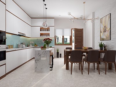 Bếp v&agrave; ph&ograve;ng ăn kh&aacute; rộng, đủ tiện nghi hiện đại v&agrave; đ&oacute;n được nhiều &aacute;nh s&aacute;ng tự nhi&ecirc;n. B&agrave;n đảo ki&ecirc;m chức năng quầy bar ăn s&aacute;ng tiện dụng.