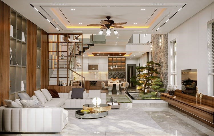 Thiết kế nh&agrave; phố 3 tầng với ph&ograve;ng kh&aacute;ch rộng tho&aacute;ng, sang trọng. Điểm nhấn h&uacute;t mắt l&agrave; bộ ghế sofa t&ocirc;ng m&agrave;u trung t&iacute;nh nhẹ nh&agrave;ng.