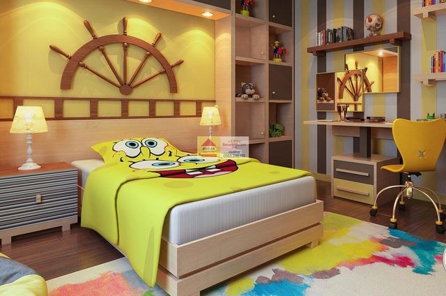 Ph&ograve;ng ngủ thiết kế "si&ecirc;u y&ecirc;u" d&agrave;nh cho cậu con trai. Hẳn b&eacute; sẽ th&iacute;ch m&ecirc; c&aacute;ch decor n&agrave;y. Tủ kệ, gi&aacute; s&aacute;ch gắn tường gi&uacute;p tối ưu h&oacute;a diện t&iacute;ch sử dụng.