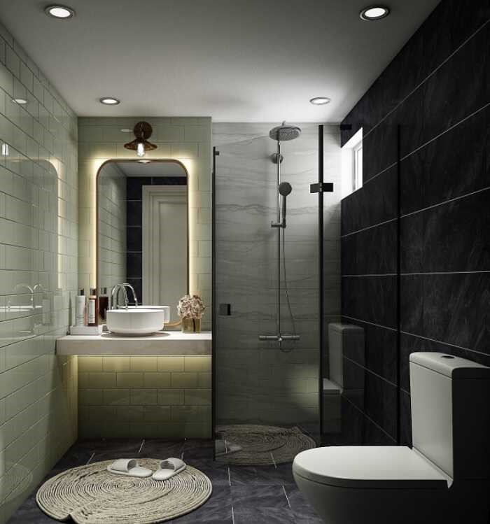 Một trong những mẫu ph&ograve;ng tắm - vệ sinh phong c&aacute;ch tối giản hiện đại được ưa chuộng hiện nay, bạn c&oacute; thể tham khảo cho nh&agrave; phố 3 tầng.