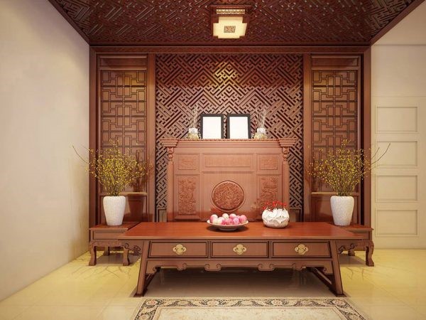 Mẫu ph&ograve;ng thờ truyền thống với nội thất gỗ chạm khắc tinh tế, trang trọng.