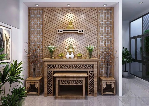 Mẫu ph&ograve;ng thờ trang trọng cho nh&agrave; ống 3 tầng đẹp.