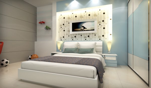 Ph&ograve;ng ngủ cho cậu con trai như tho&aacute;ng rộng hơn nhờ sử dụng bảng m&agrave;u trắng, ghi nhạt chủ đạo. Trong khi đ&oacute;, sắc xanh da trời nhẹ nh&agrave;ng tạo điểm nhấn.