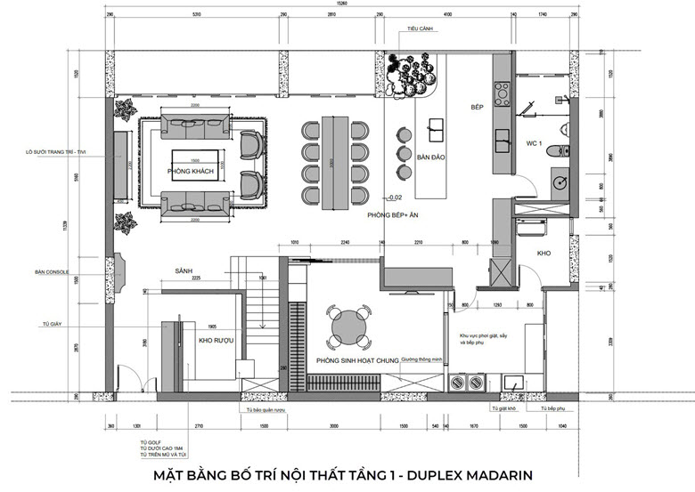 To&agrave;n bộ tầng trệt căn Duplex d&agrave;nh cho kh&ocirc;ng gian sinh hoạt chung.