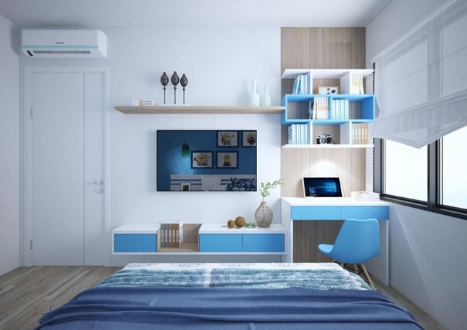 Ph&ograve;ng ngủ cho con trai với bảng m&agrave;u xanh dương trẻ trung, nhẹ nh&agrave;ng. B&agrave;n học bố tr&iacute; cạnh cửa sổ để tận dụng tối đa &aacute;nh s&aacute;ng tự nhi&ecirc;n.