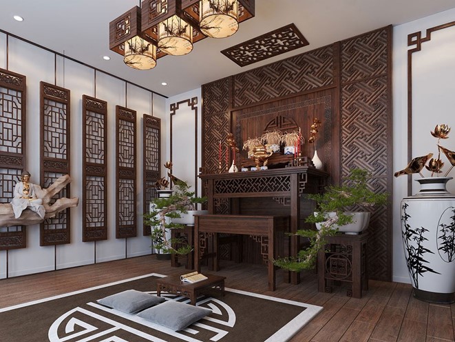 Không gian phòng thờ thoáng đãng, bài trí theo lối đối xứng hài hòa thể hiện được sự trang trọng, tôn nghiêm cần có.