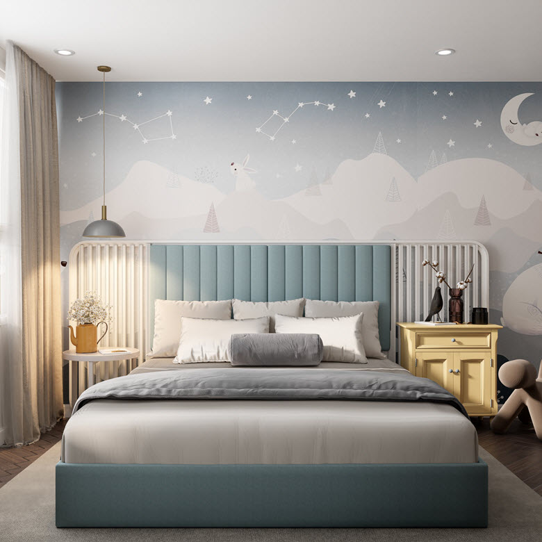 ph&ograve;ng ngủ với tường đầu giường m&agrave;u xanh dương đẹp m&ecirc;